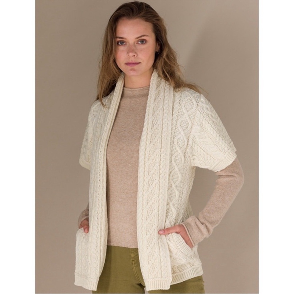 Aran Crafts Aran Short ‎Sleeve Edge Cardigan Cream Knit